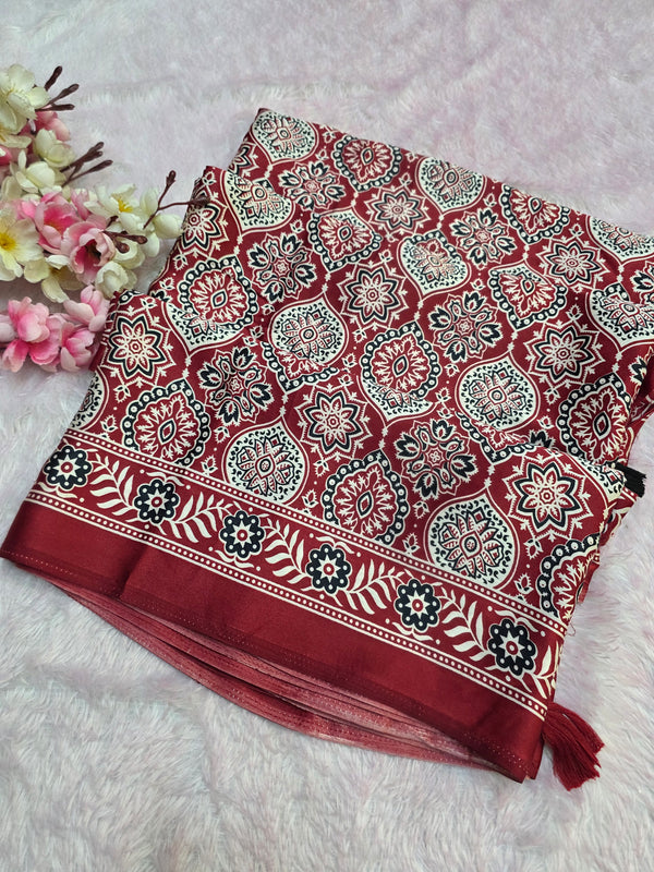 918005 Traditional Ajrakh Print Satin Silk Saree - Red