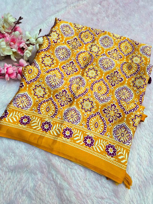 918005 Traditional Ajrakh Print Satin Silk Saree - Yellow
