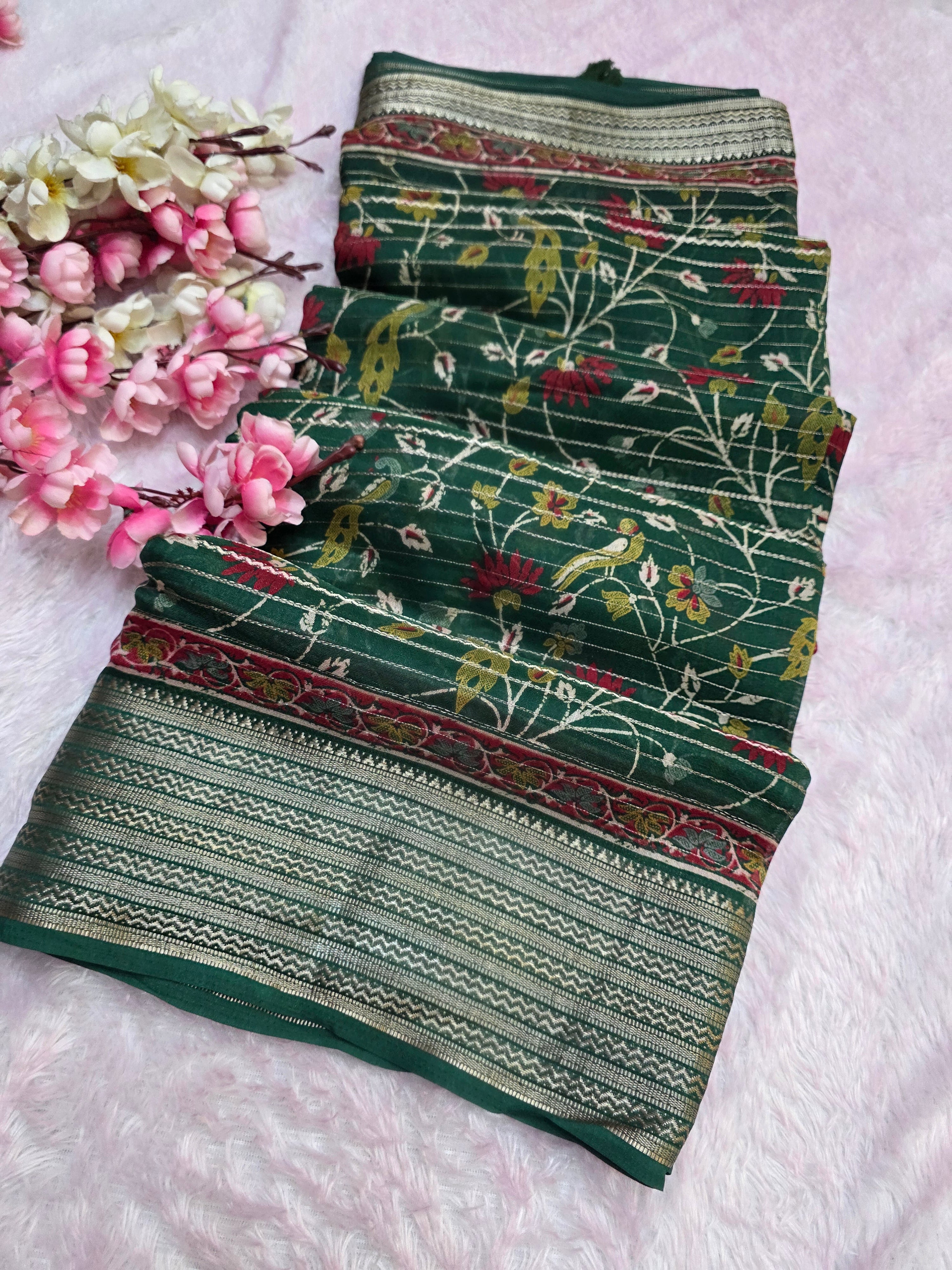 918004 Designer Georgette Silk Flower Printed Saree with Zari Weaving Border - Green