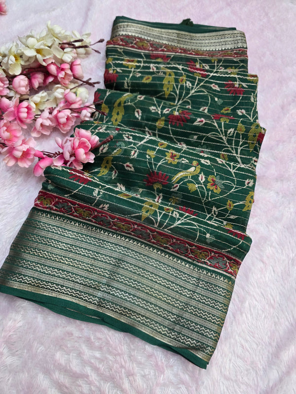 918004 Designer Georgette Silk Flower Printed Saree with Zari Weaving Border - Green