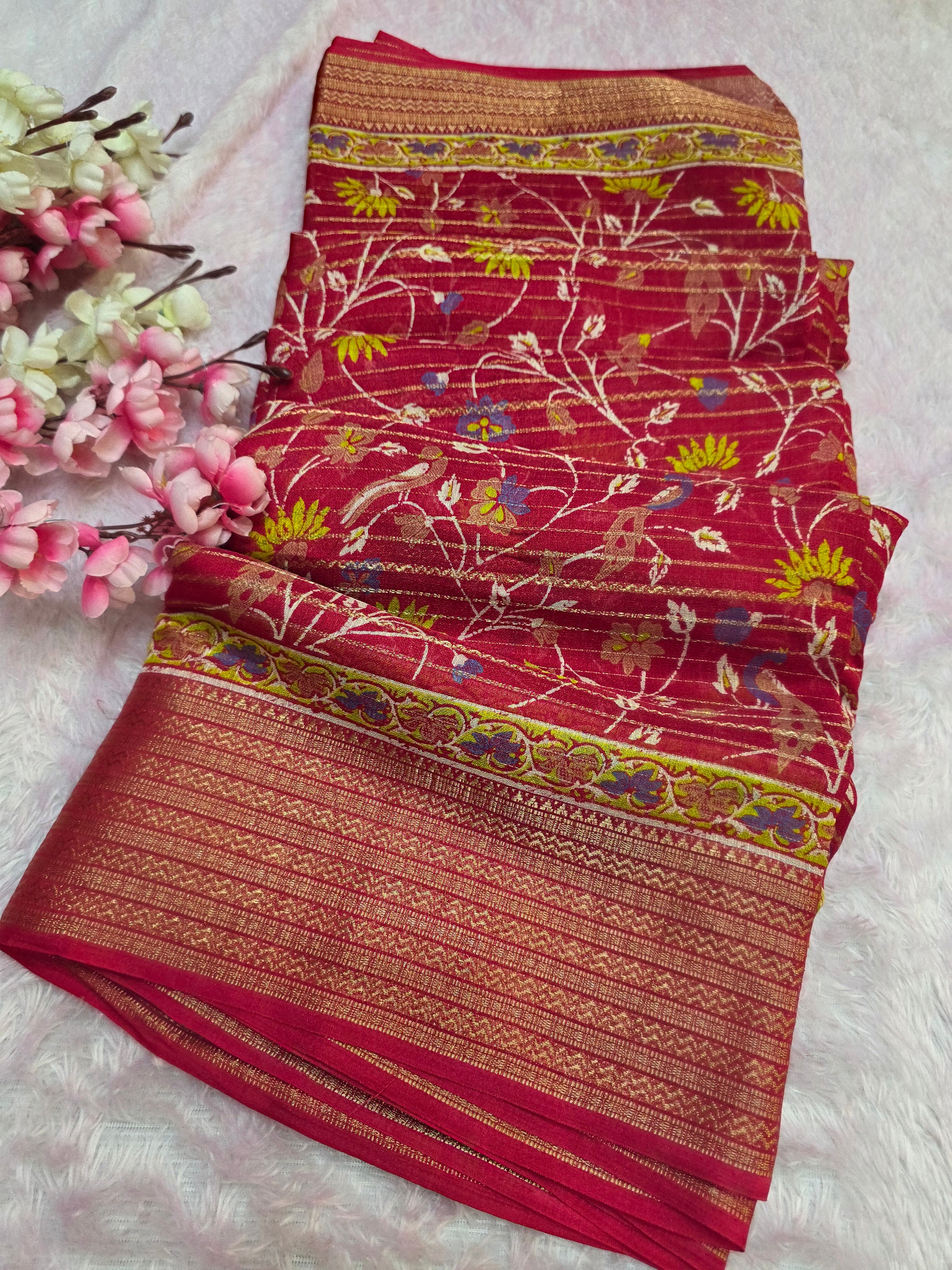 918004 Designer Georgette Silk Flower Printed Saree with Zari Weaving Border - Red