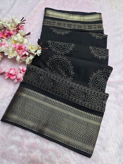 918003 Soft Cotton Saree with Banarasi Zari Border - Black