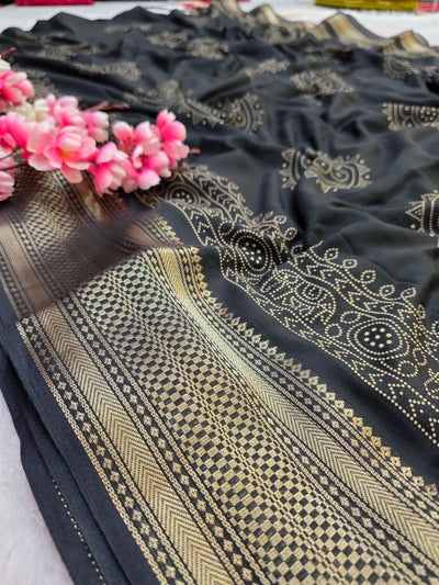 918003 Soft Cotton Saree with Banarasi Zari Border - Black