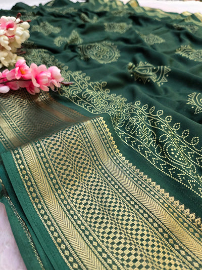 918003 Soft Cotton Saree with Banarasi Zari Border - Green