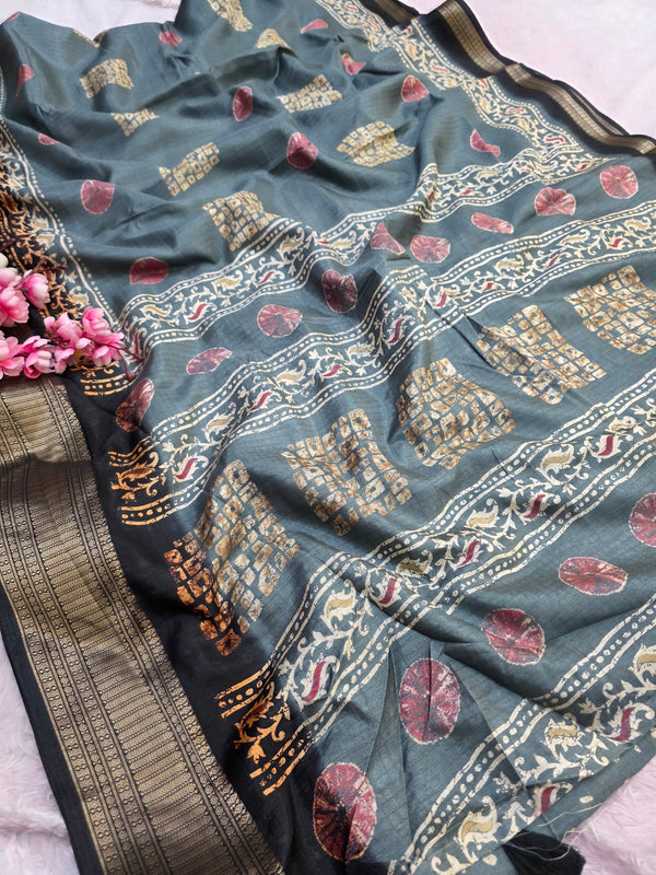 918002 Soft Art Silk Saree with Batik Print - Gray