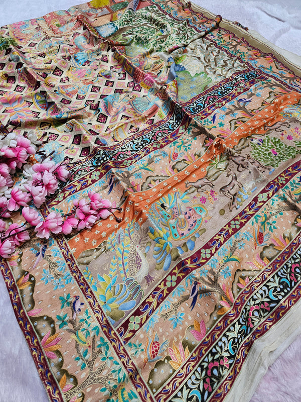 935003 Royal Kashmiri Pashmina Work Pure Soft Dola Silk Saree with Heavy Zari Blouse - Cream