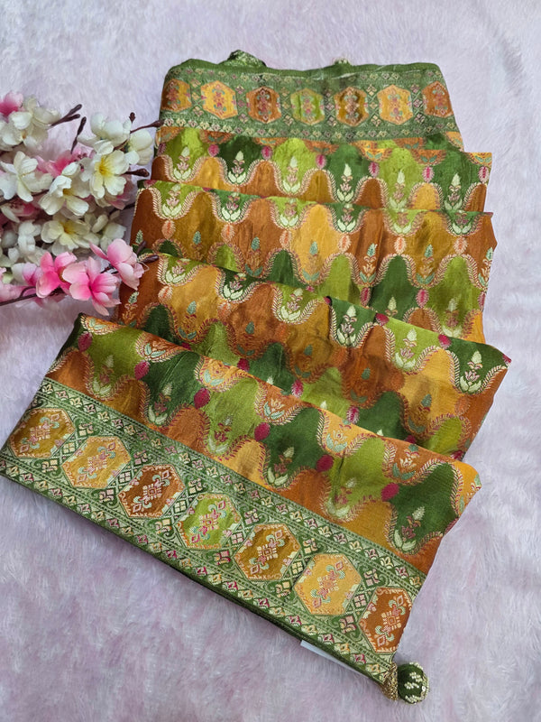 938004 Royal Kashmiri Pashmina Silk Mehandi Green Saree with Heavy Blouse