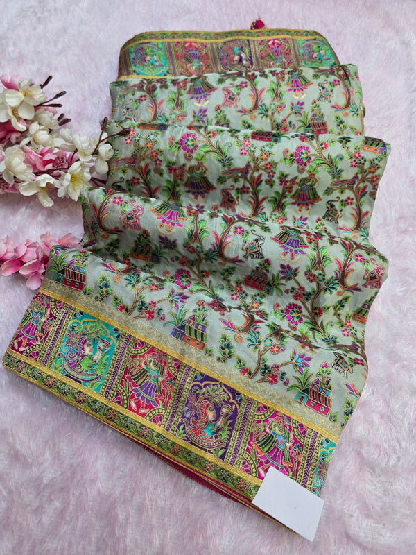 938005 Royal Kashmiri Pashmina Silk Elaichi Green Saree with Heavy Blouse