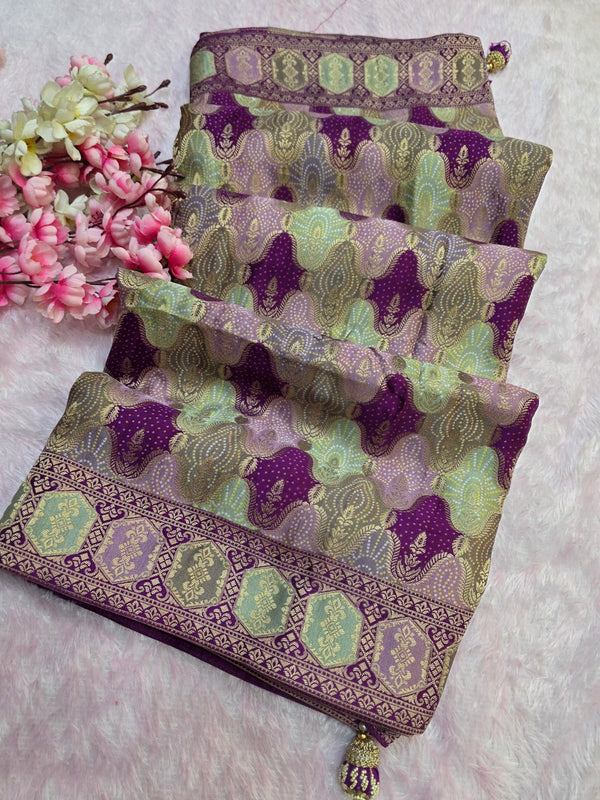 938001 Royal Kashmiri Pashmina Gajji Silk Purple Saree with Heavy Blouse