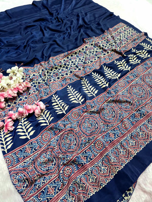 937002 Traditional Ajrakh Print Satin Silk Saree - Blue