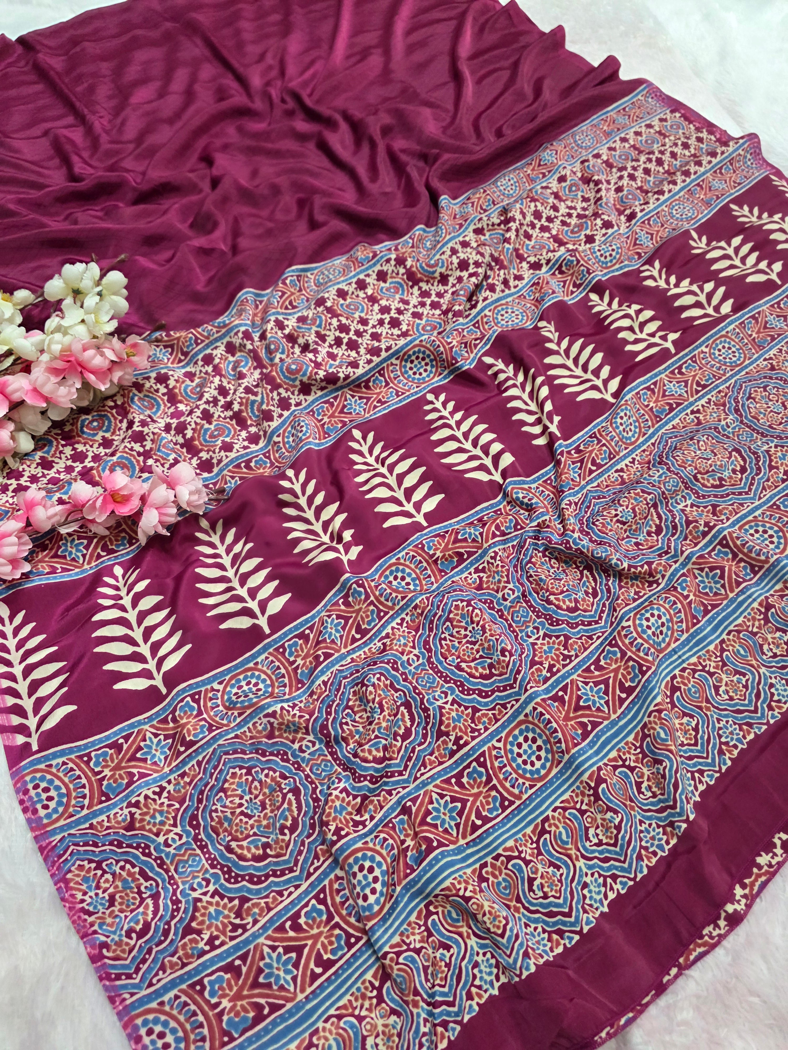 937002 Traditional Ajrakh Print Satin Silk Saree - Wine