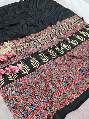 937002 Traditional Ajrakh Print Satin Silk Saree - Black