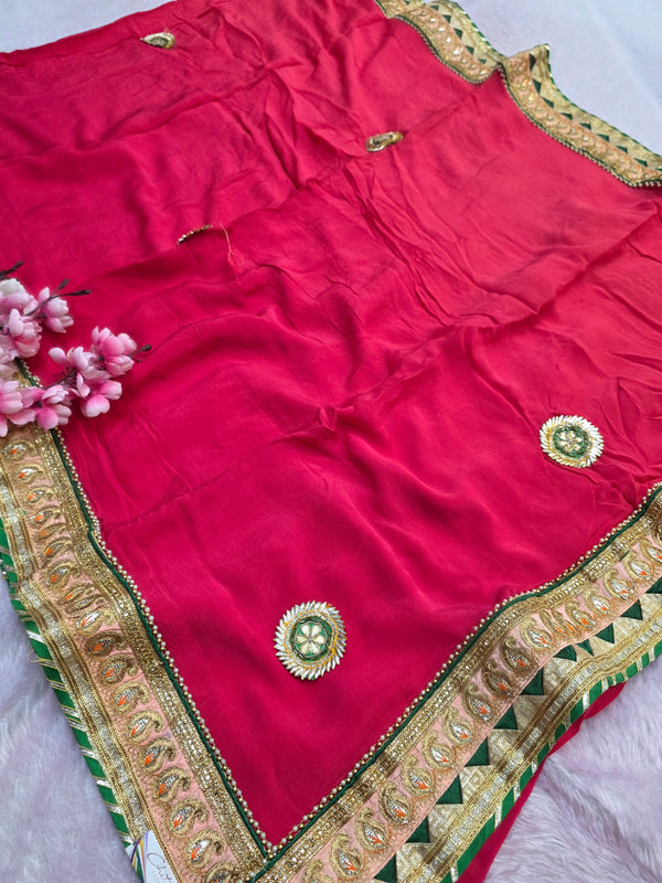 505011 Beautiful Rajasthani Gotapatti Work Pure Chinon Silk Saree