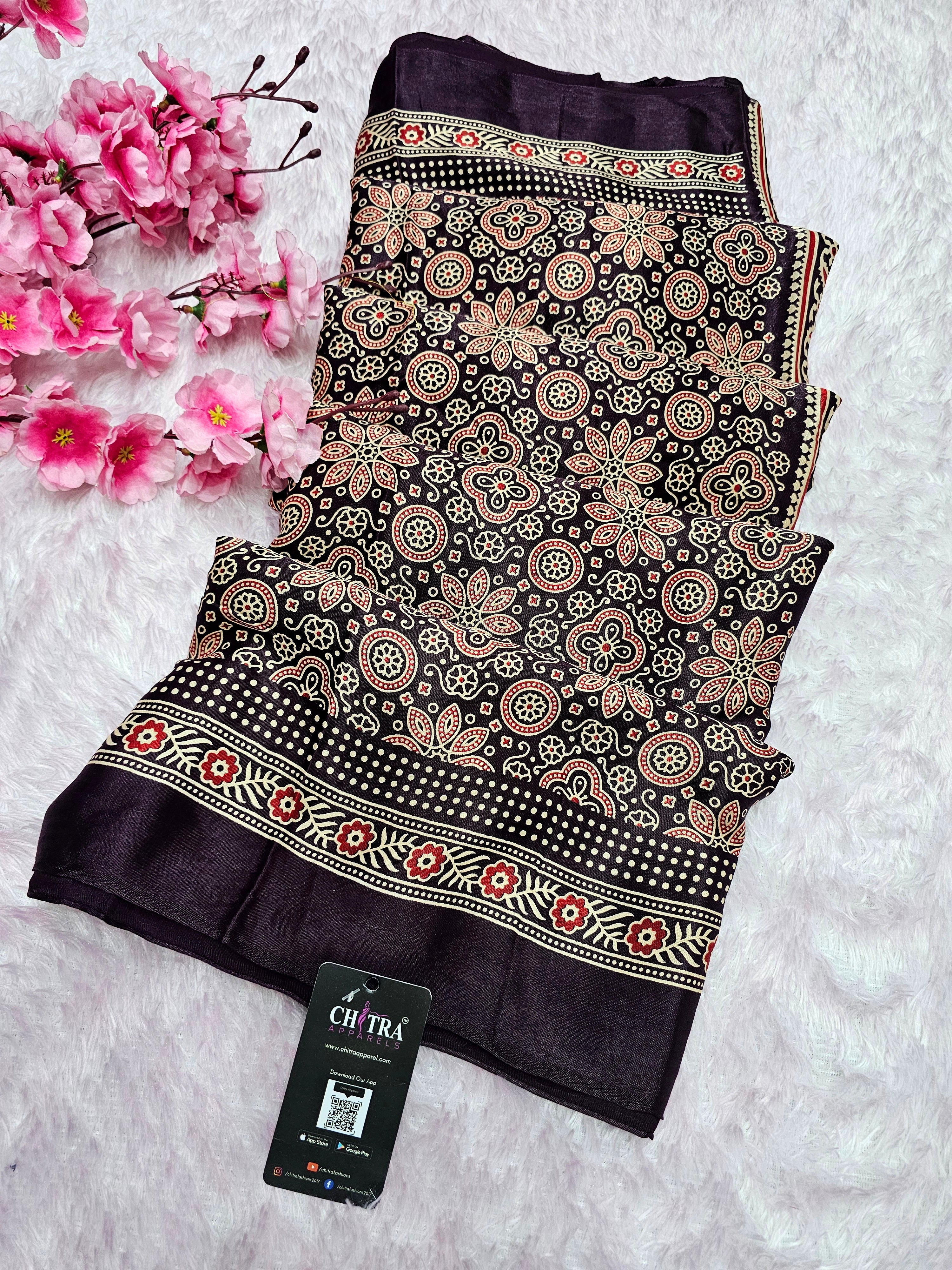 940002 Traditional Ajrakh Print Modal Silk Saree with Designer Zari Pallu