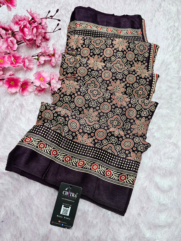 940002 Traditional Ajrakh Print Modal Silk Saree with Designer Zari Pallu