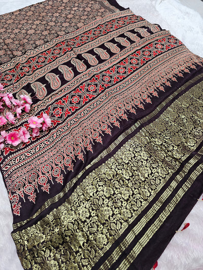 940002 Traditional Ajrakh Print Modal Silk Saree with Designer Zari Pallu
