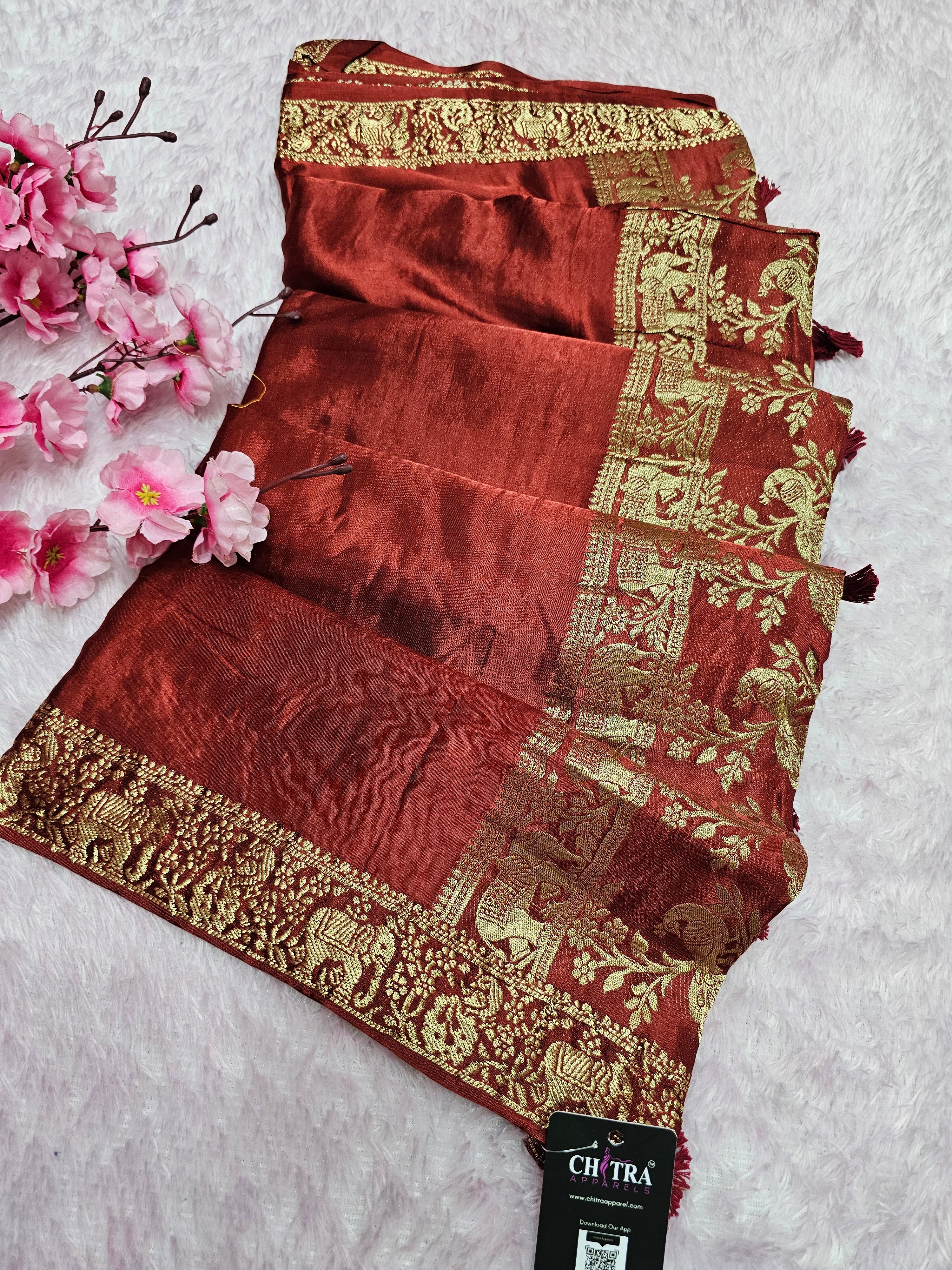 940004 Simple and Elegant Plane Modal Silk Saree With Zari Border and Pallu - Rust Orange