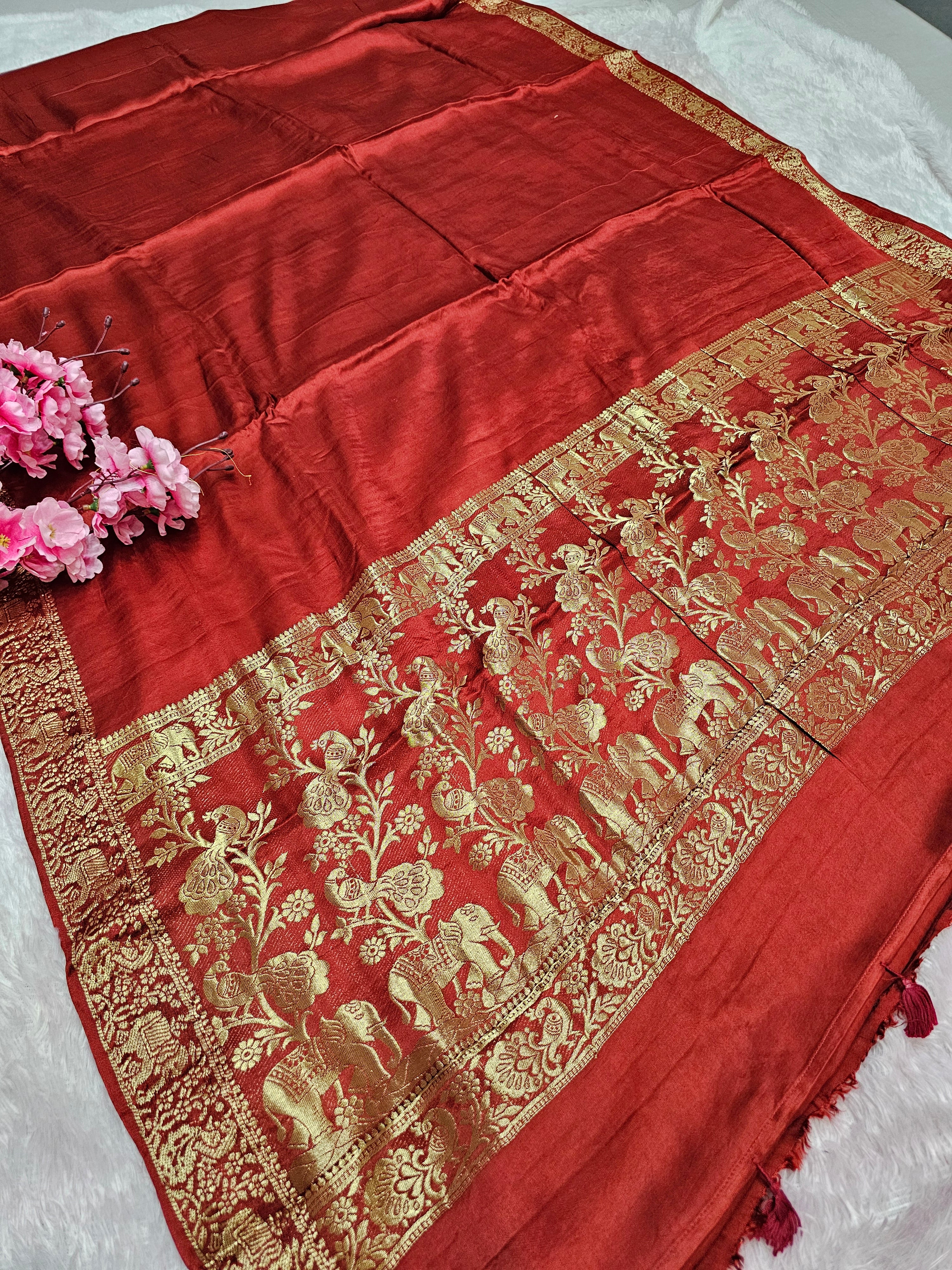 940004 Simple and Elegant Plane Modal Silk Saree With Zari Border and Pallu - Rust Orange