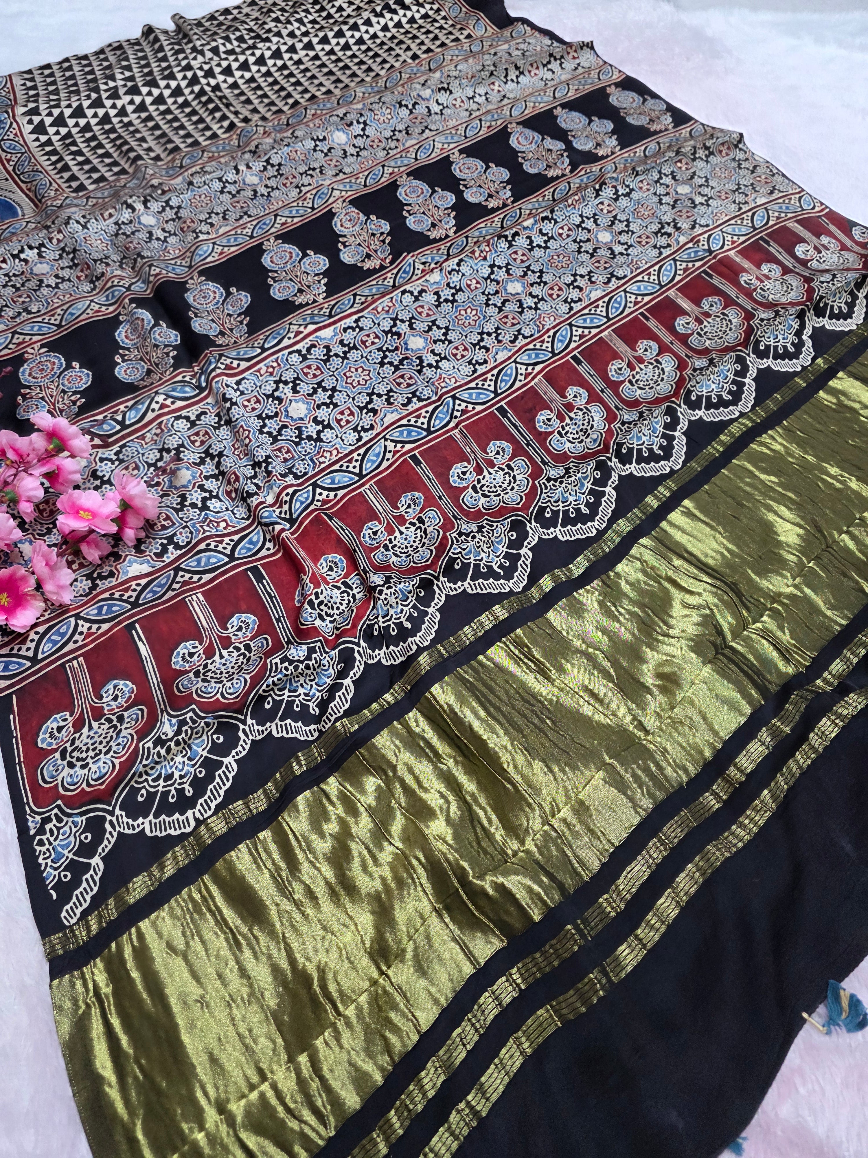 941004 Authentic Ajrakh Print Pure Modal Silk Saree with Zari Pallu