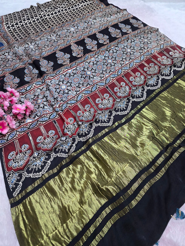 941004 Authentic Ajrakh Print Pure Modal Silk Saree with Zari Pallu
