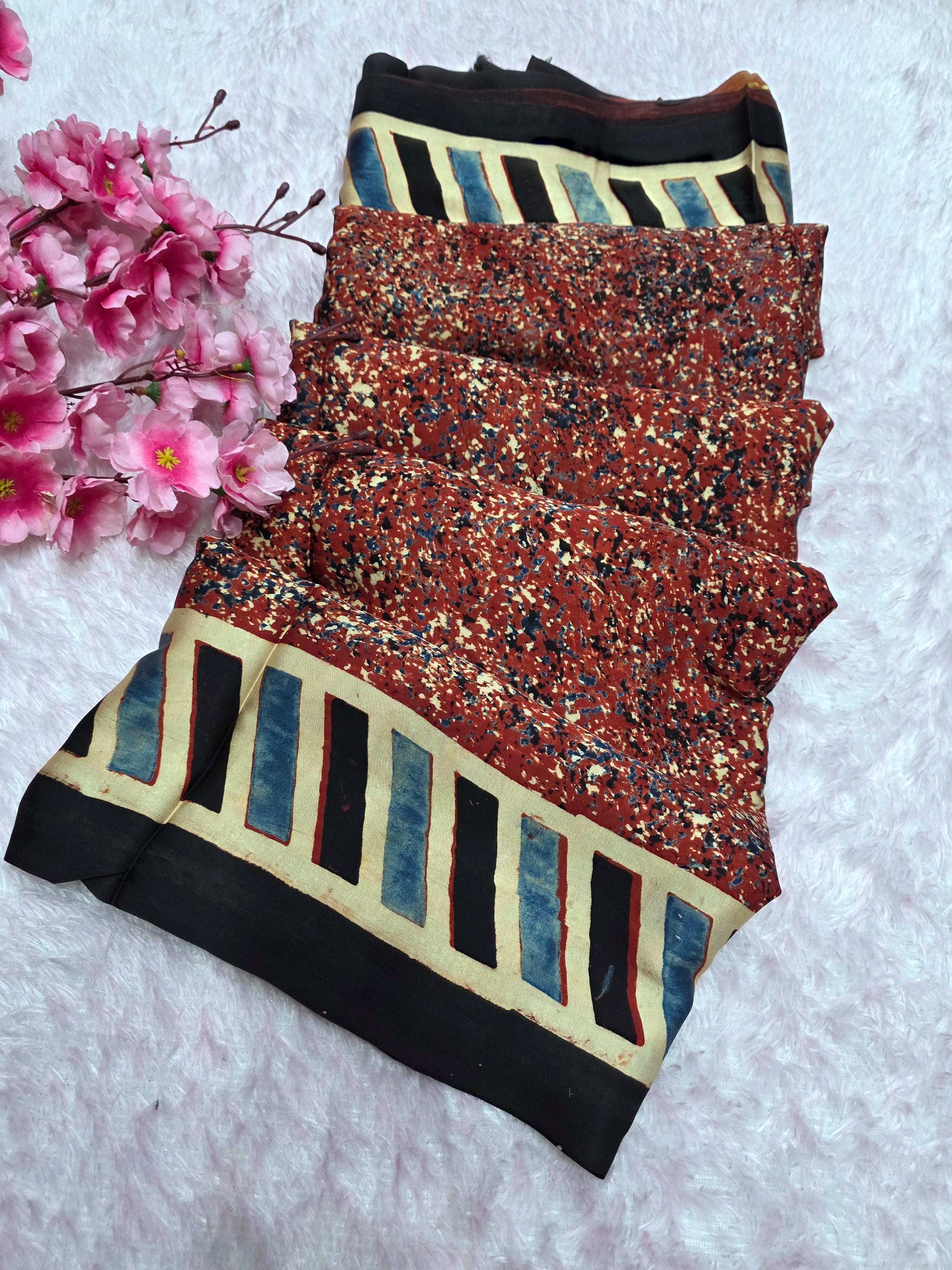 941002 Authentic Ajrakh Print Pure Modal Silk Saree With Zari Pallu