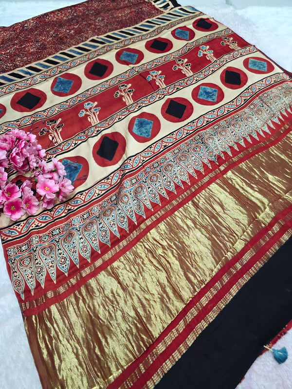 941002 Authentic Ajrakh Print Pure Modal Silk Saree With Zari Pallu