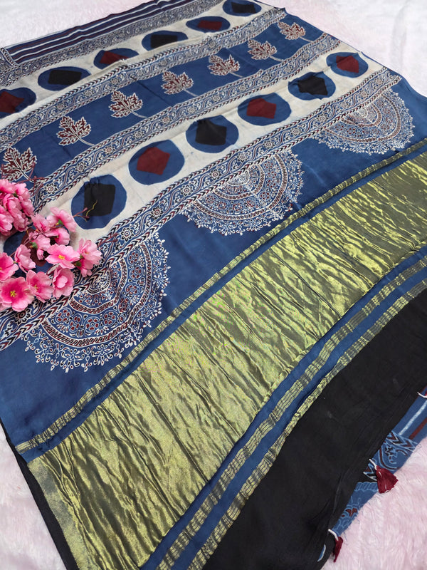 941001 Authentic Ajrakh Print Pure Modal Silk Saree With Zari Pallu