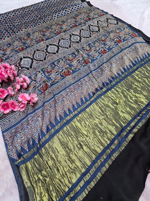 941005 Authentic Ajrakh Print Pure Modal Silk Saree with Zari Pallu