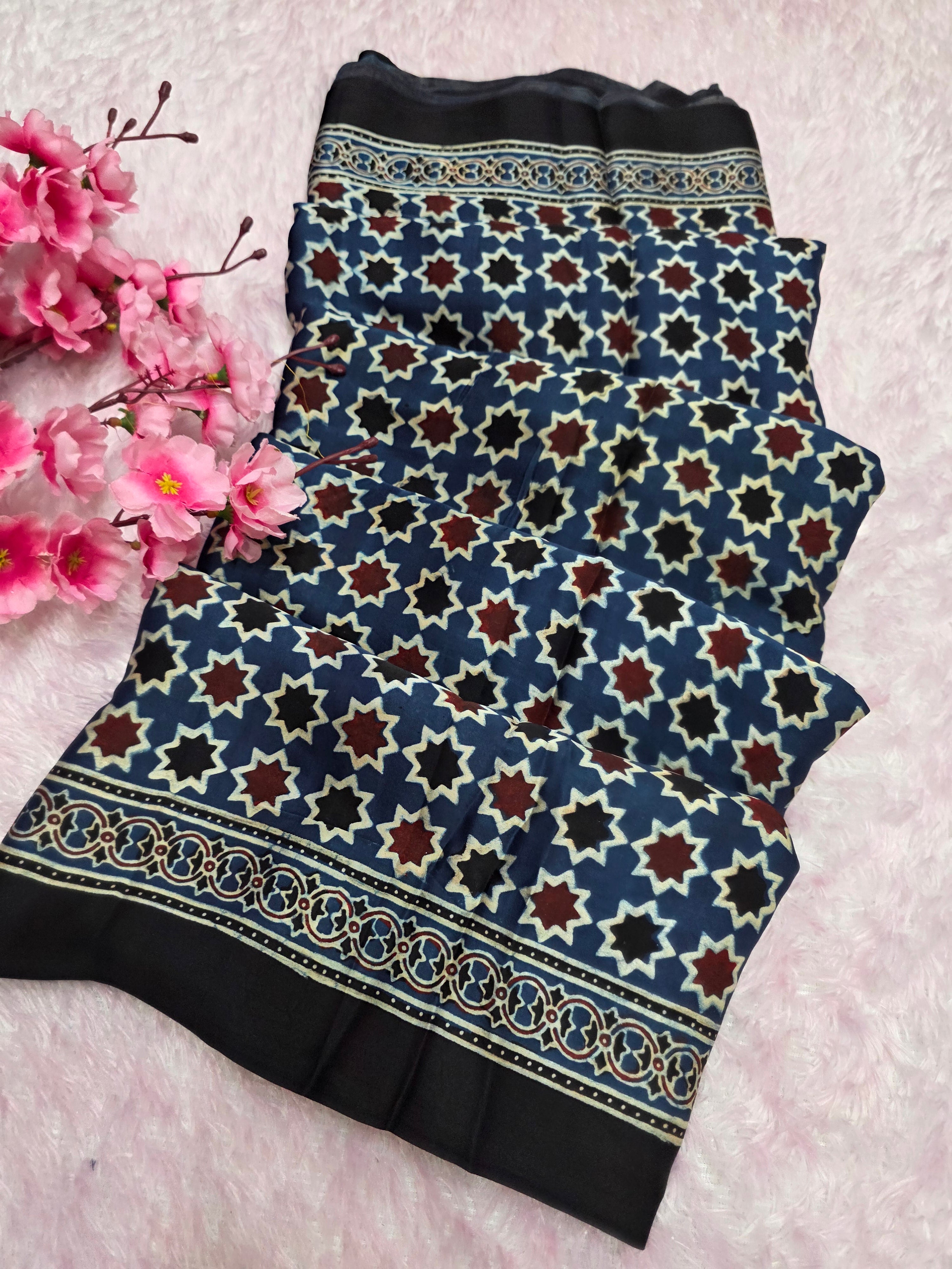 941005 Authentic Ajrakh Print Pure Modal Silk Saree with Zari Pallu