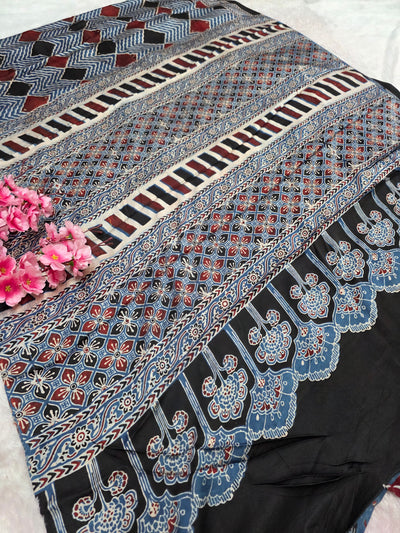 941006 Authentic Ajrakh Print Pure Modal Silk Saree
