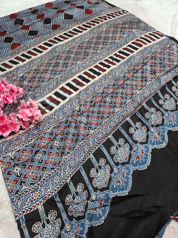941006 Authentic Ajrakh Print Pure Modal Silk Saree