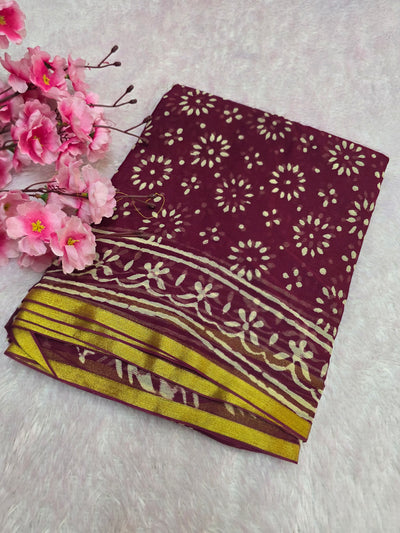 946003 Pure Rajasthani Diamond Chiffon Saree with Hand Batik Print and Zari Border