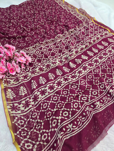 946003 Pure Rajasthani Diamond Chiffon Saree with Hand Batik Print and Zari Border