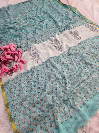 946006 Pure Rajasthani Diamond Chiffon Saree with Hand Batik Print and Zari Border