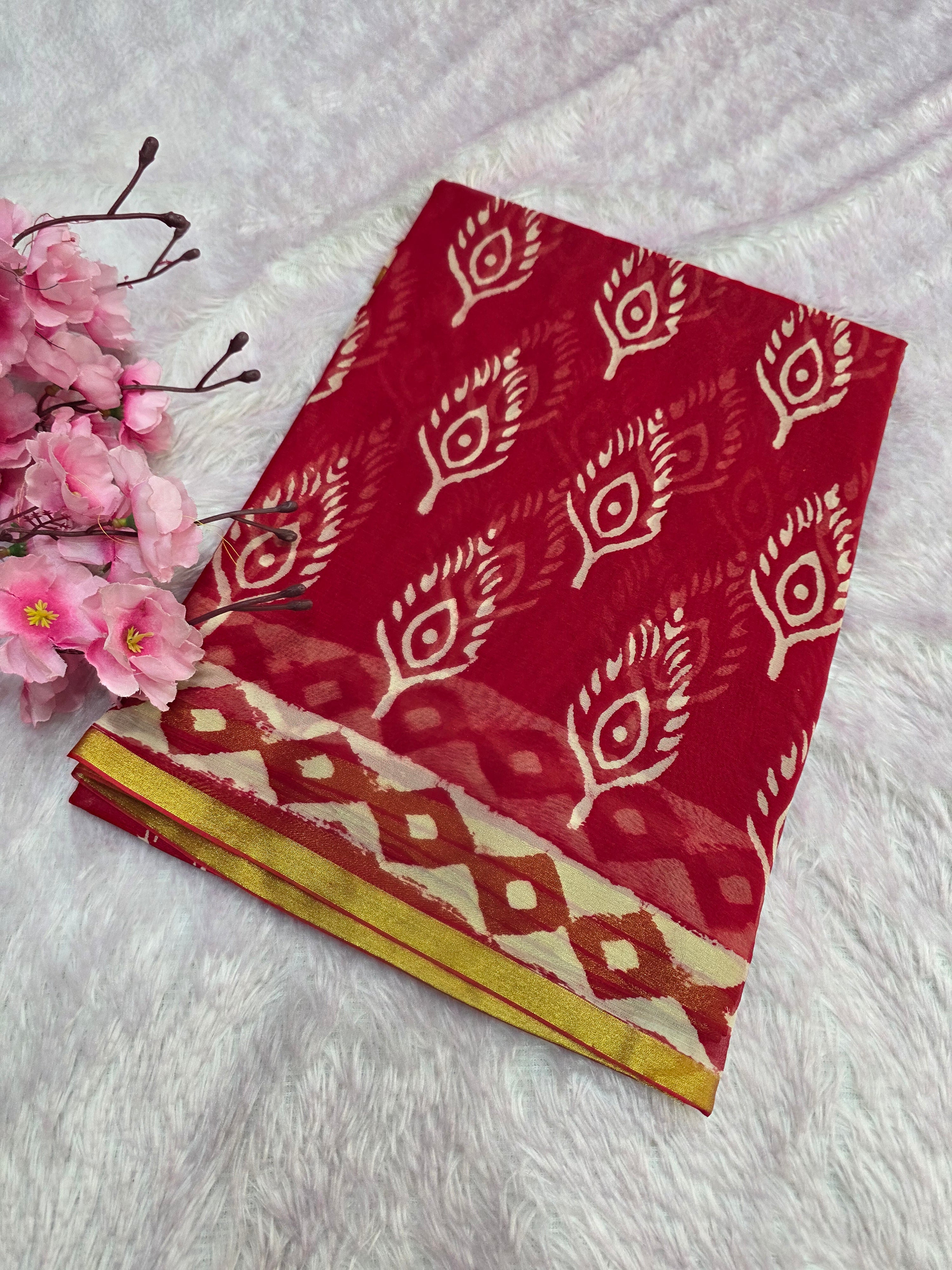 946001 Pure Rajasthani Diamond Chiffon Saree with Hand Batik Print and Zari Border