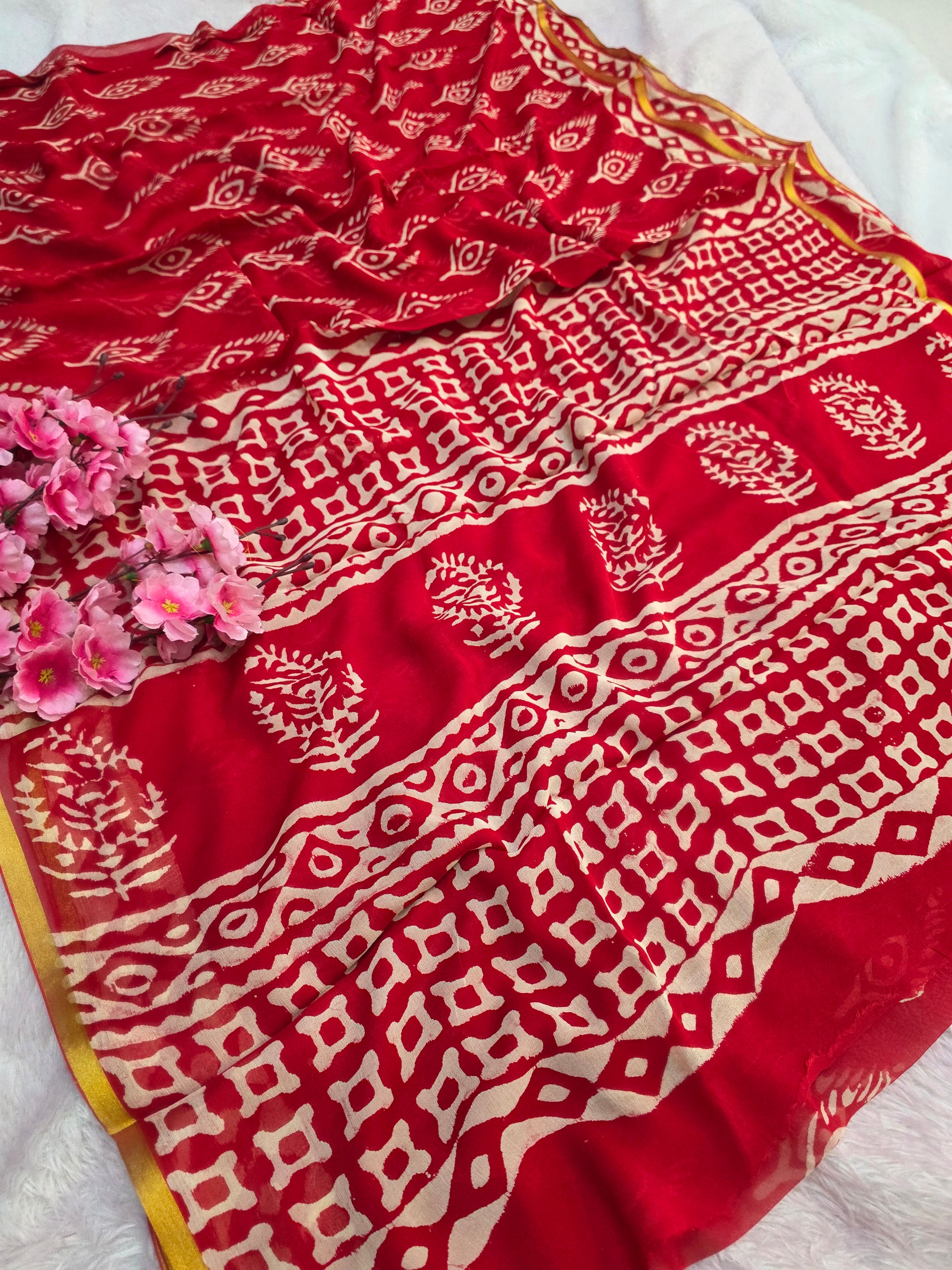 946001 Pure Rajasthani Diamond Chiffon Saree with Hand Batik Print and Zari Border