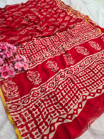 946001 Pure Rajasthani Diamond Chiffon Saree with Hand Batik Print and Zari Border