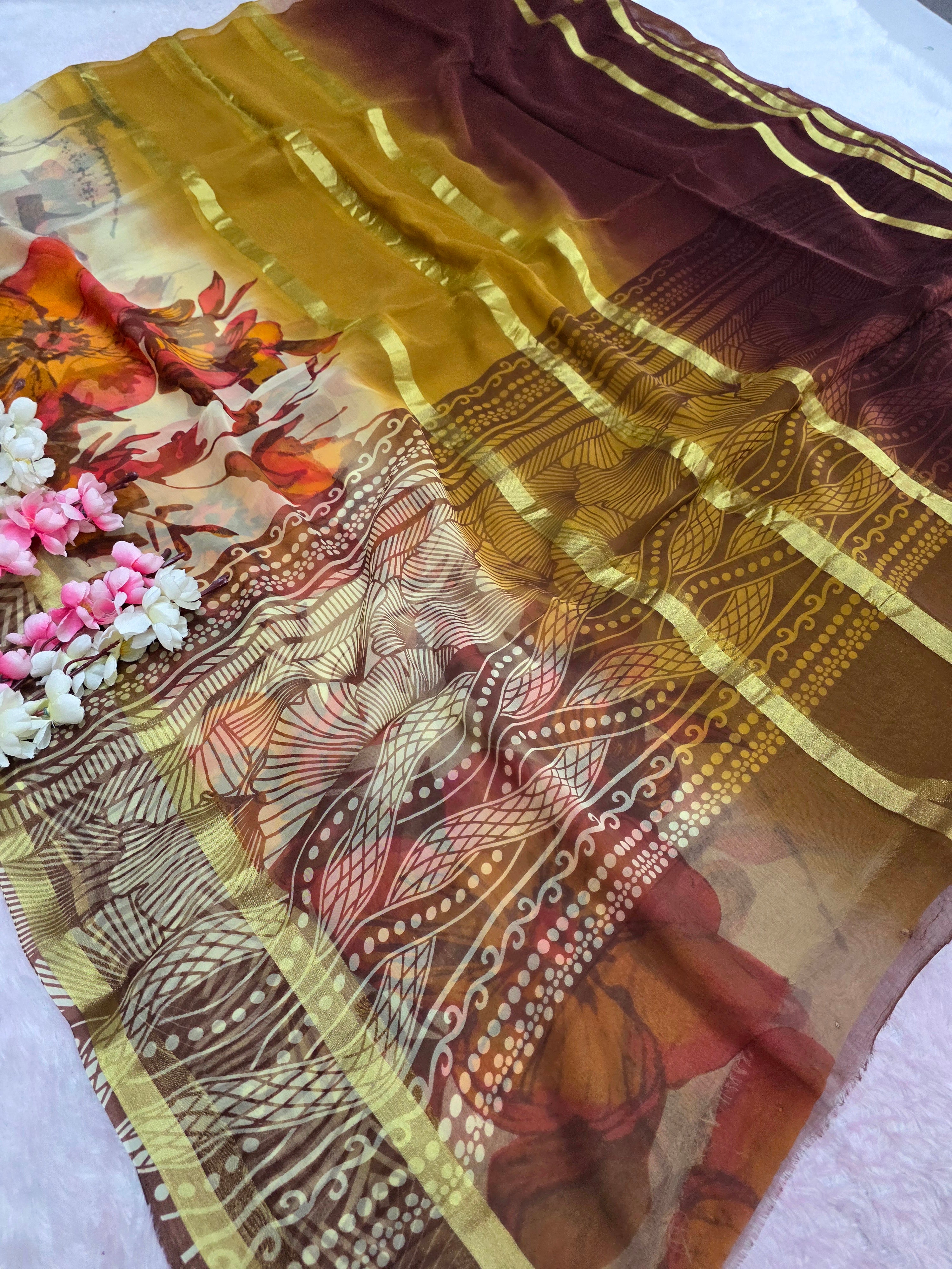 946007 Pure Rajasthani Diamond Chiffon Saree with Flower Print and Zari Weaving in full Saree