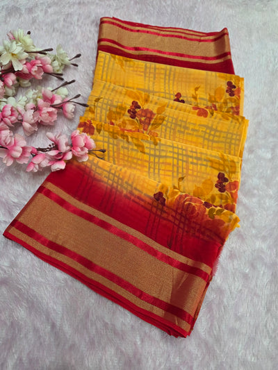 946004 Pure Rajwadi Diamond Chiffon Saree with Flower and Bloack Print with Zaro Border