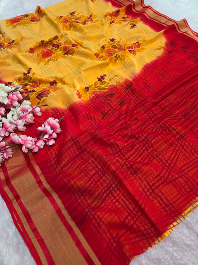 946004 Pure Rajwadi Diamond Chiffon Saree with Flower and Bloack Print with Zaro Border