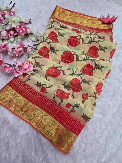 946002 Pure Rajwadi Diamond Chiffon Saree with Flower and Zari Check and Zari Border