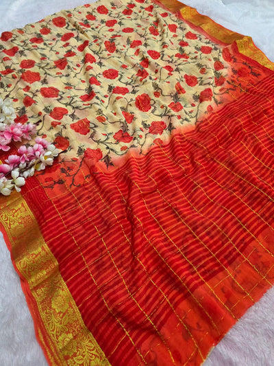 946002 Pure Rajwadi Diamond Chiffon Saree with Flower and Zari Check and Zari Border