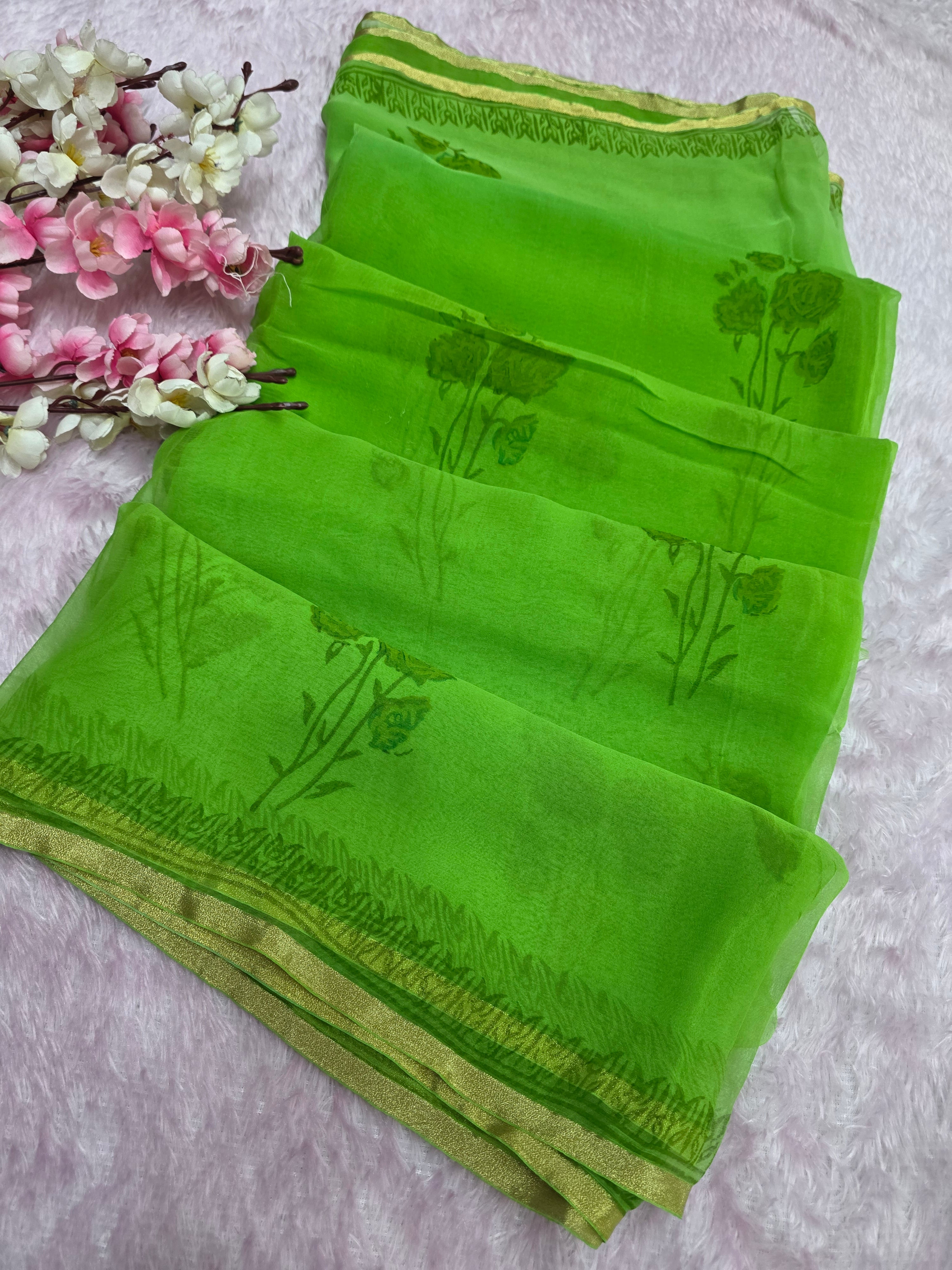 946009 Pure Rajwadi Diamond Chiffon Saree with Hand Print and Zari Border
