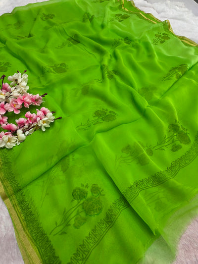 946009 Pure Rajwadi Diamond Chiffon Saree with Hand Print and Zari Border