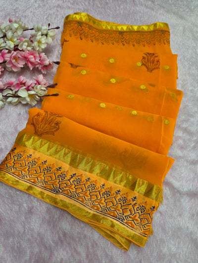 946010 Pure Rajwadi Diamond Chiffon Saree with Hand Print and Zari Weaving