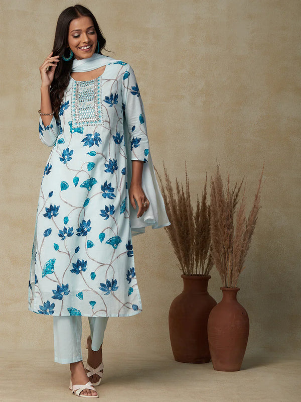 158001 Floral Printed Mirror & Zari Embroidered Mul-Cotton Kurta With Pants & Dupatta - Mint Blue