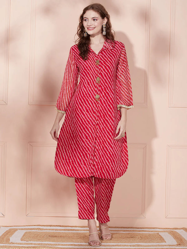 Leheriya Foil Printed A-Line Kurta With Pant - Red