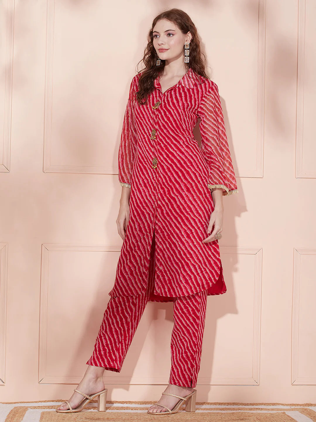 11151 Leheriya Foil Printed A-Line Kurta With Pant - Red