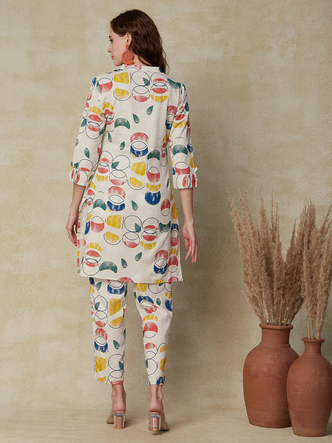 Abstract Printed Short Kurta With Pants Co-Ord Set - Off White & Multi
