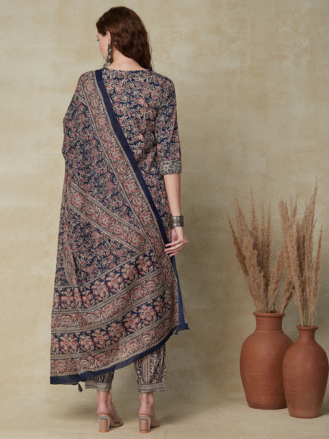 Floral Block Printed Sequins & Zari Embroidered Kurta With Salwar & Dupatta - Blue
